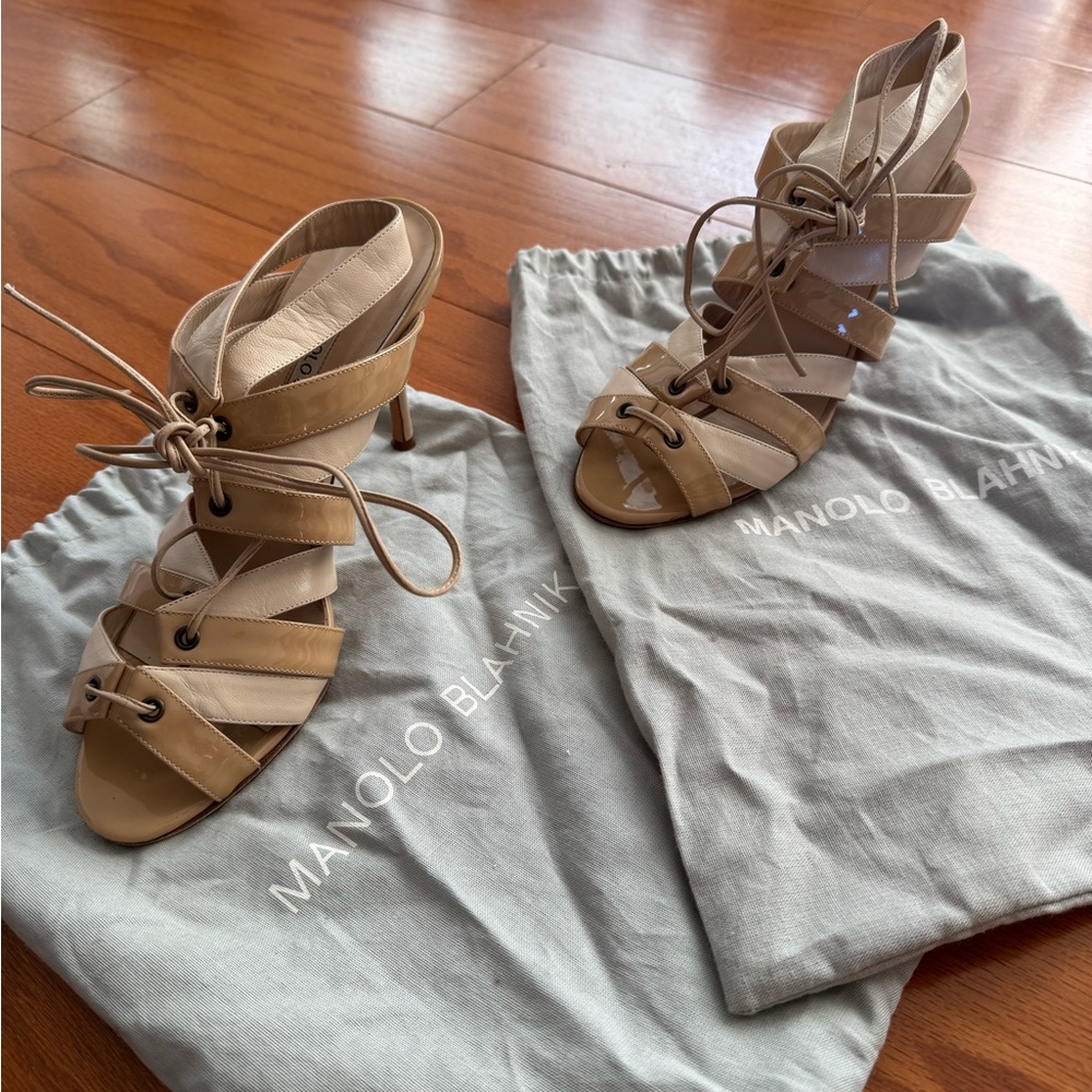 Manolo Blahnik Tan Heels Strappy Design